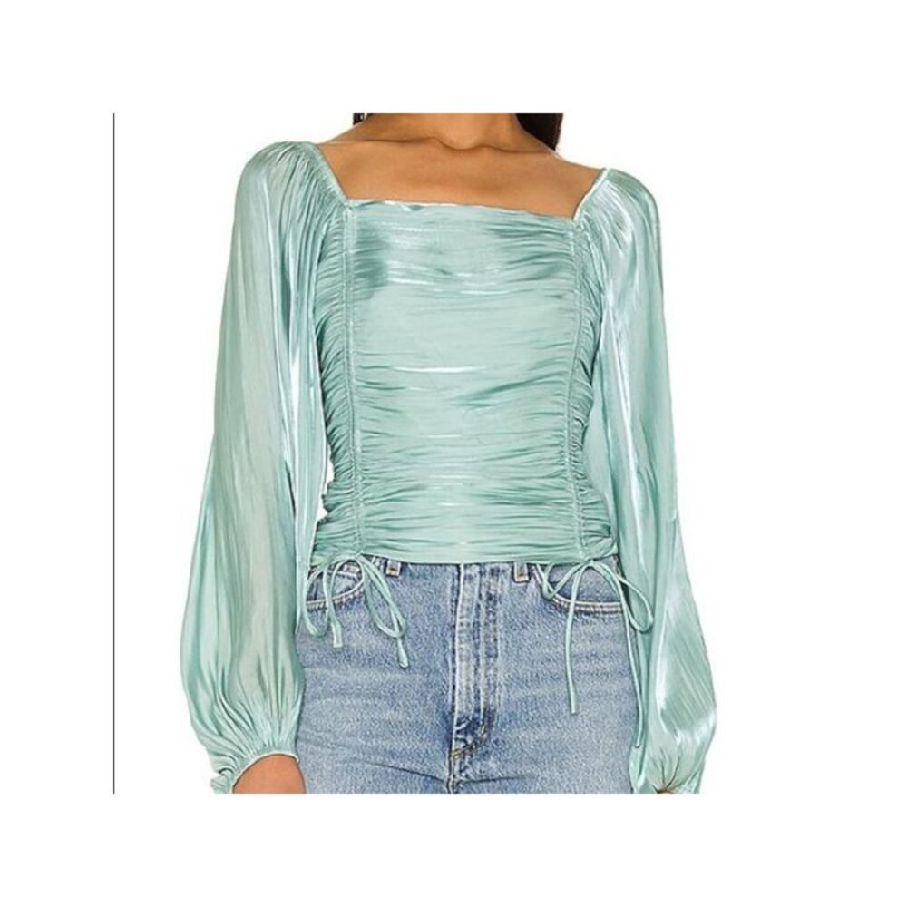 LINE + DOT Womens Green Stretch Bishop Sleeve Tie Fitted Square Neck Party Top S
